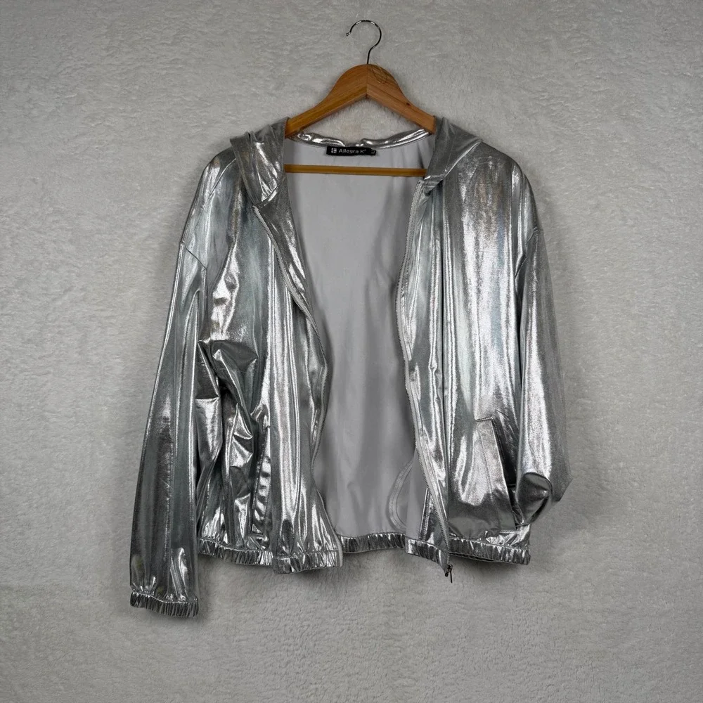 Allegra K Womens Silver Metallic Full Zip Hoodie Jacket Size XL Shiny‎